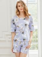 Shein Birds Print Tee With Shorts Pajama Set