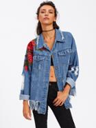 Shein 3d Embroidered Applique Destroyed Denim Jacket