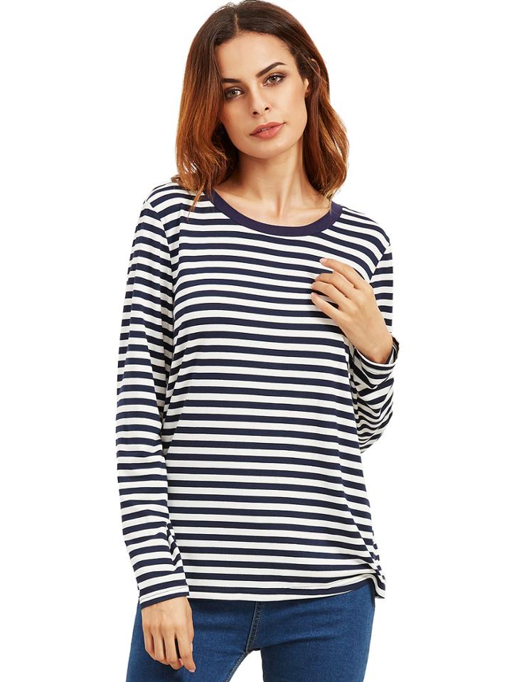 Shein Navy Long Sleeve Striped T-shirt