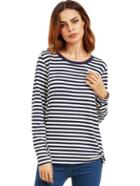 Shein Navy Long Sleeve Striped T-shirt