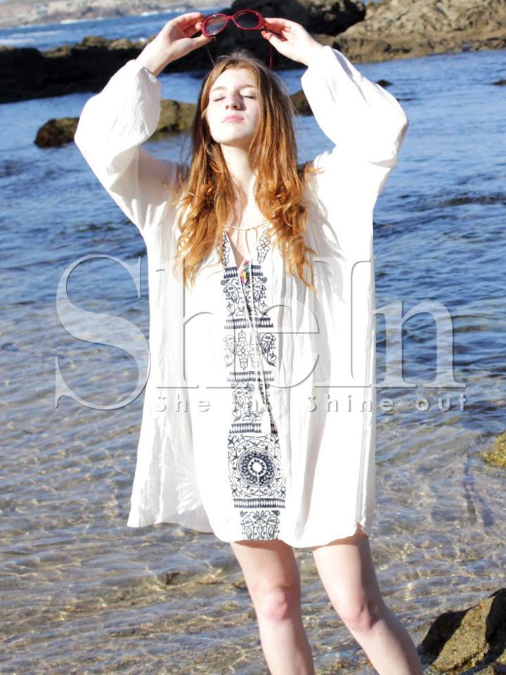 Shein Beige Lace Up Neck Tribal Print Dress
