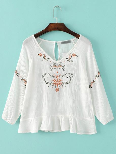 Shein White Flower Embroidery Drop Waist Hem Blouse