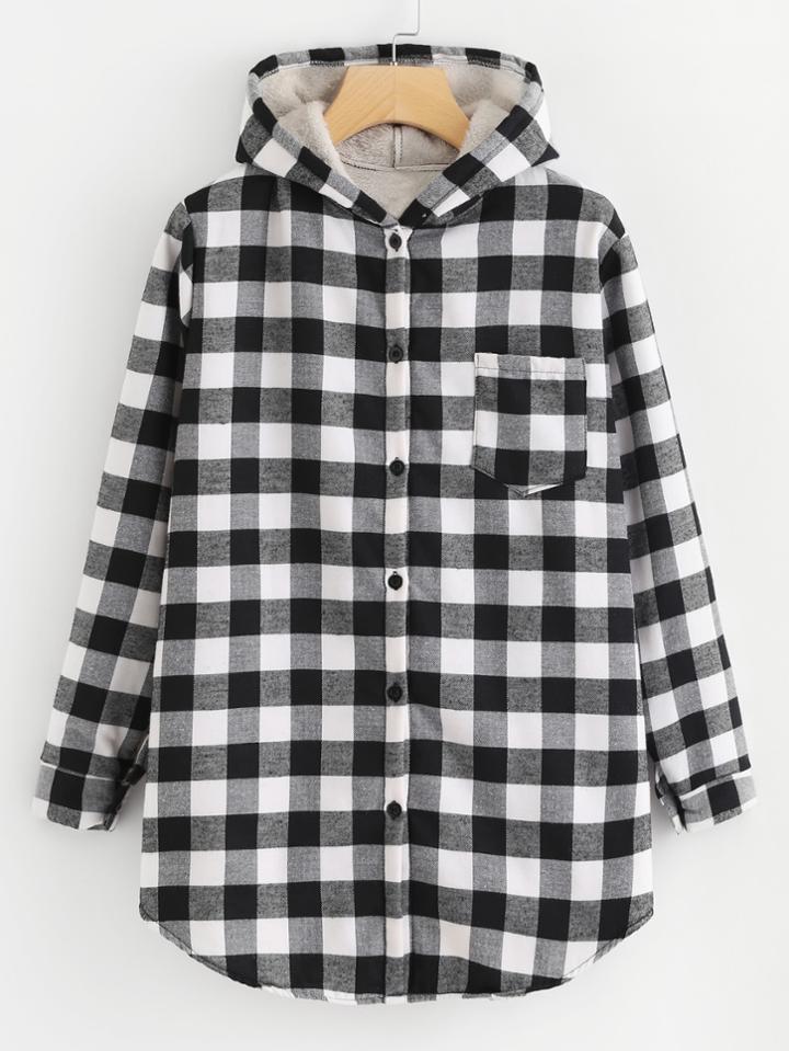 Shein Faux Fleece Lined Buffalo Check Hooded Blouse
