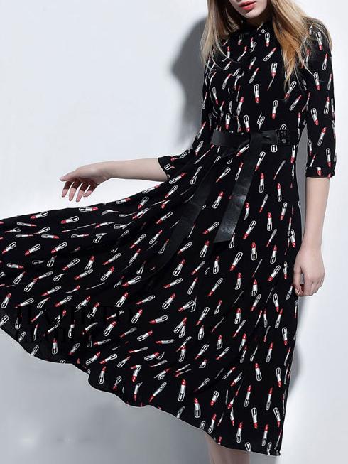 Shein Black Round Neck Length Sleeve Print Tie-waist Pockets Dress