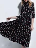 Shein Black Round Neck Length Sleeve Print Tie-waist Pockets Dress