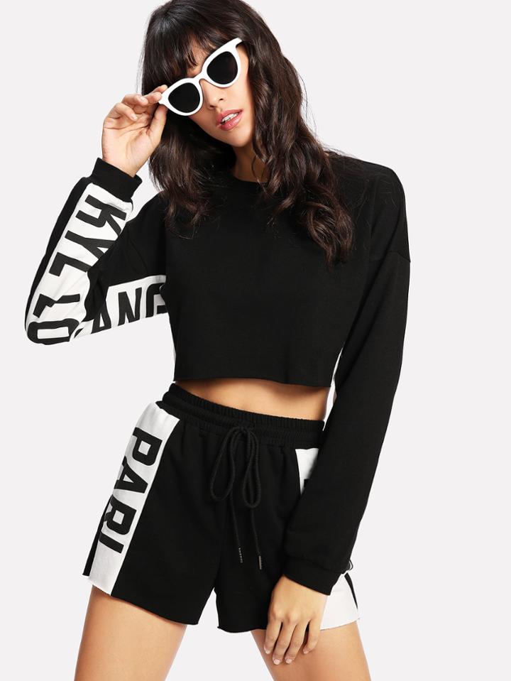 Shein Letter Print Panel Crop Top & Shorts Set