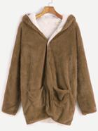 Shein Khaki Hooded Fuzzy Coat With Pockets