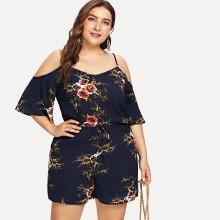 Shein Plus Drawstring Floral Open Shoulder Jumpsuit