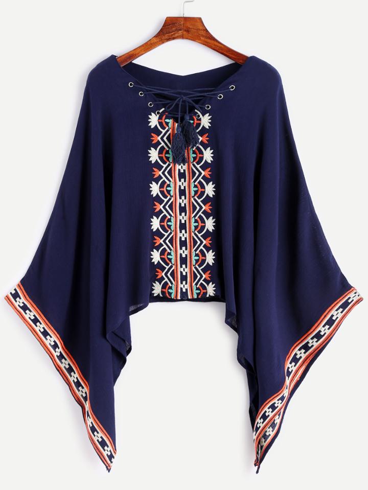 Shein Navy Lace Up Embroidered Blouse