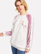 Shein Flower Embroidered Velvet Contrast Sleeve Sweatshirt