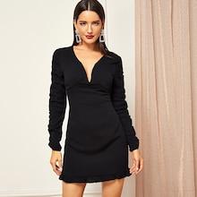 Shein Plunge Neck Gathered Sleeve Frilled Dress