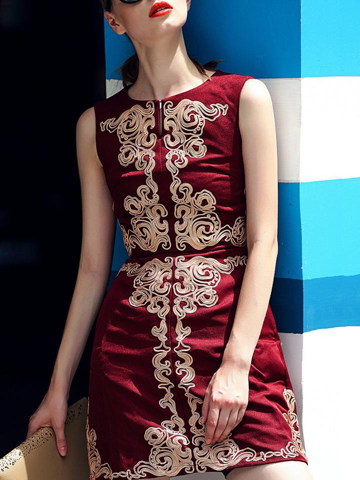 Shein Wine Red Round Neck Sleeveless Embroidered Dress