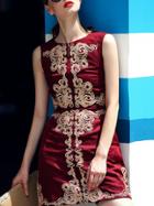 Shein Wine Red Round Neck Sleeveless Embroidered Dress
