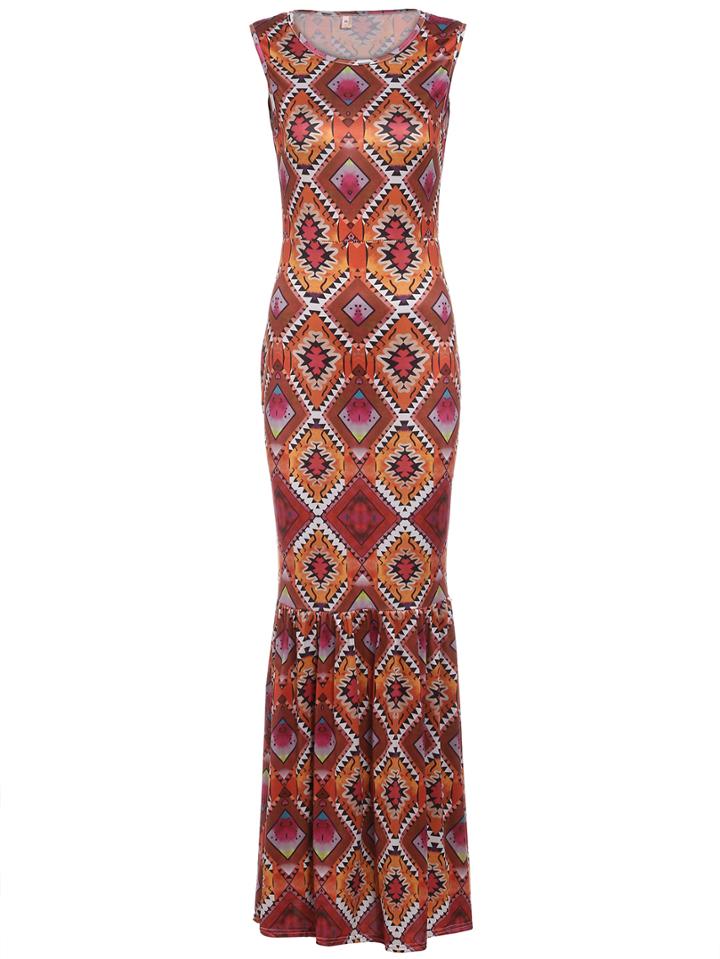 Shein Geometric Print Ruffle Hem Maxi Dress