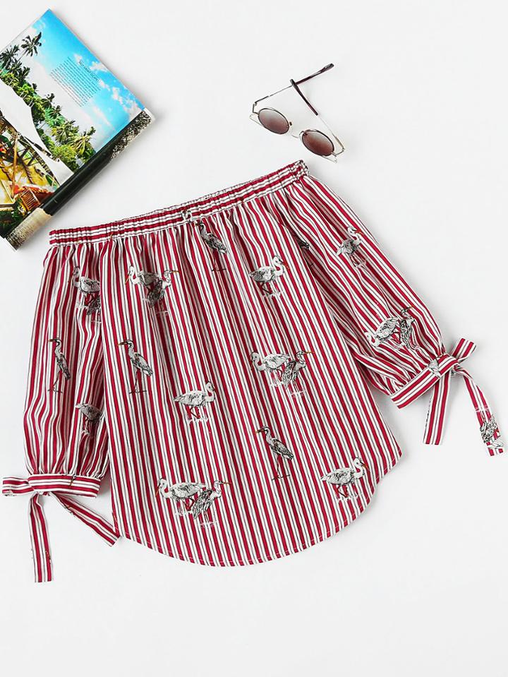 Shein Crane And Striped Print Tie Sleeve Curved Bardot Top