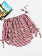 Shein Crane And Striped Print Tie Sleeve Curved Bardot Top