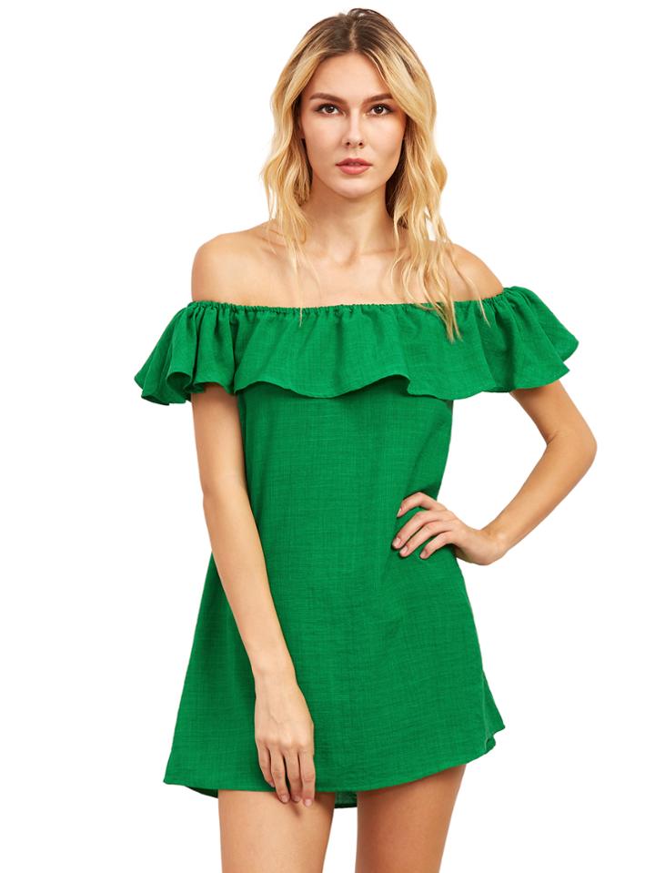 Shein Flounce Off-the-shoulder Dress - Green