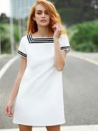 Shein White Striped Trim Short Sleeve Dress With Pockets