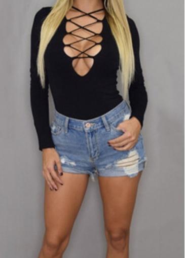 Rosewe Plunging Neck Solid Black T Shirt