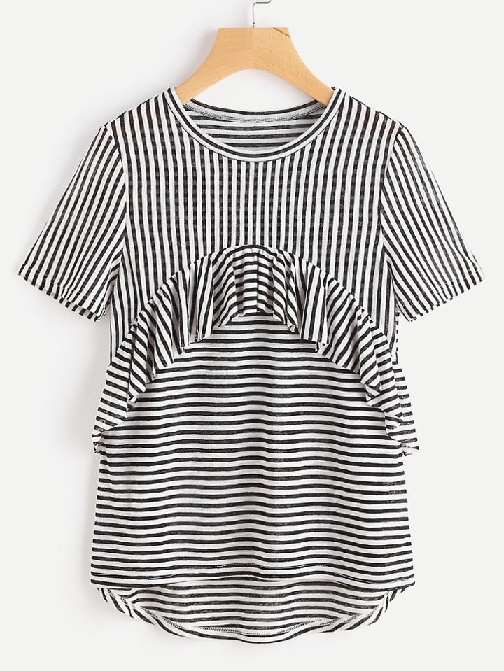 Shein Frill Trim High Low Striped T-shirt