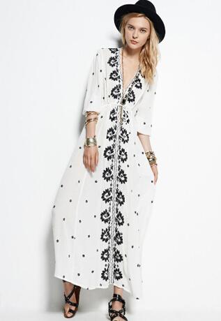 Shein White V Neck Embroidered Maxi Dress