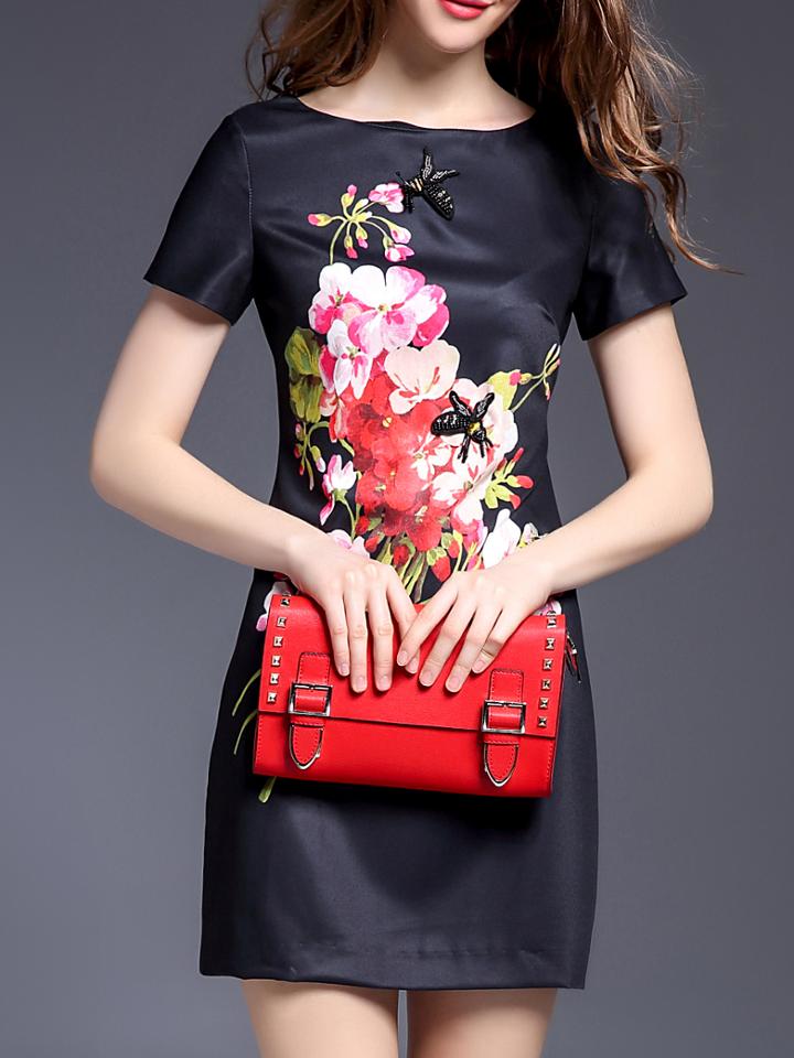 Shein Black Bees Beading Print Sheath Dress