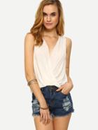 Shein V-neck Slub Draped Top - White