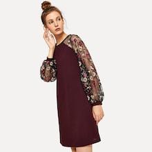 Shein Flower Embroidered Mesh Sleeve Dress