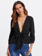 Shein Allover Beading Knot Front Peplum Blouse
