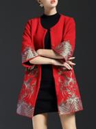 Shein Red Flowers Embroidered Pockets Coat