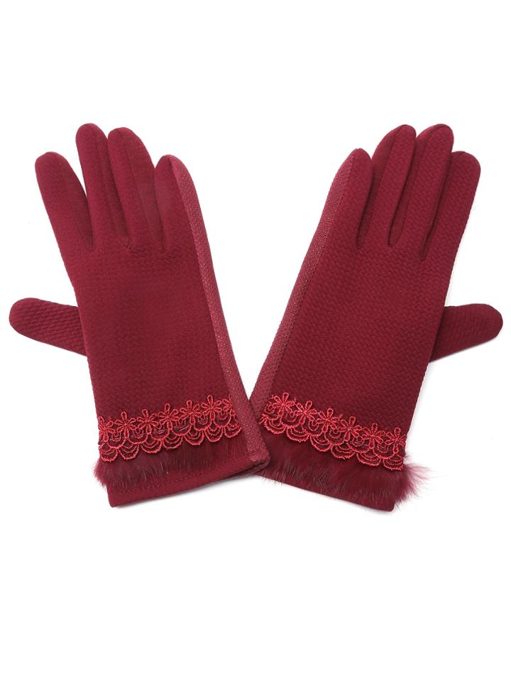 Shein Burgundy Floral Lace Faux Fur Trim Gloves