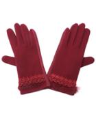 Shein Burgundy Floral Lace Faux Fur Trim Gloves