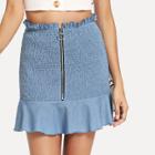 Shein O-ring Zip Front Shirred Panel Ruffle Hem Skirt