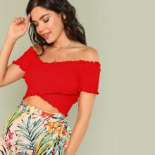 Shein Cross Wrap Frill Trim Shirred Crop Top