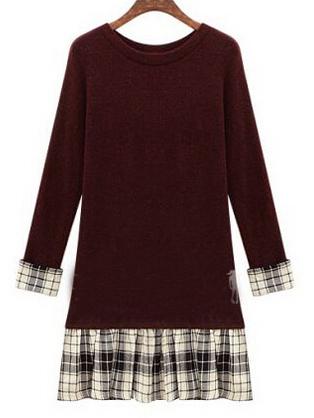 Shein Burgundy Round Neck Plaid Slim Plus Dress