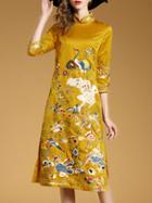 Shein Yellow Collar Birds Embroidered Shift Cheongsam Dress
