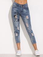 Shein Blue Cartoon Print Ripped Denim Pants