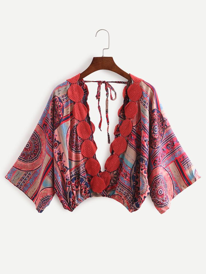 Shein Deep V Neck Florals Lace Up Crochet Top