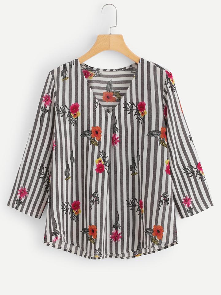 Shein Contrast Stripe Florals Blouse
