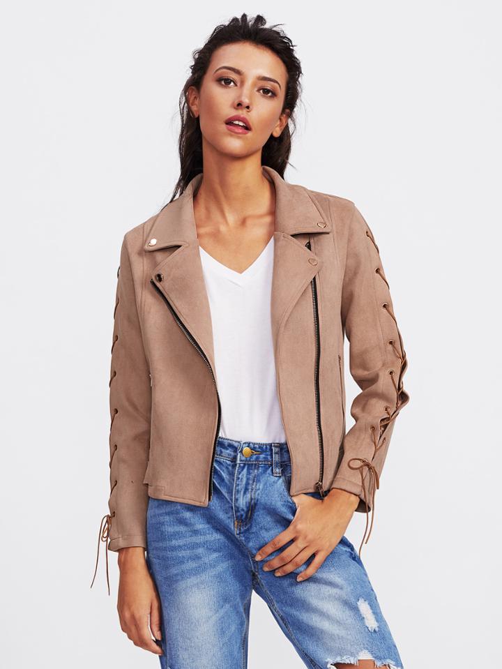 Shein Suede Lace Up Sleeve Biker Jacket