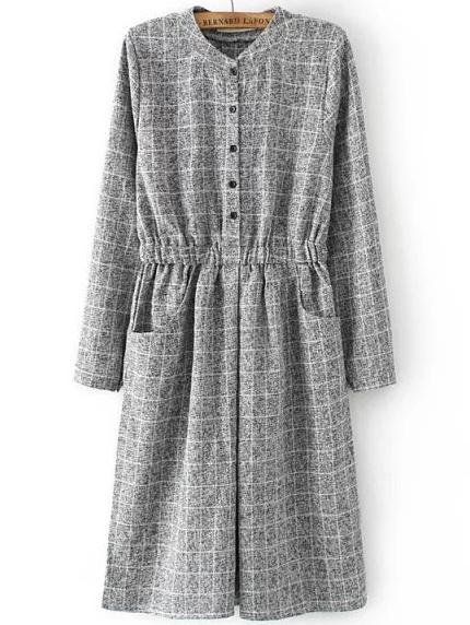 Shein Grey Stand Collar Plaid Buttons Dress
