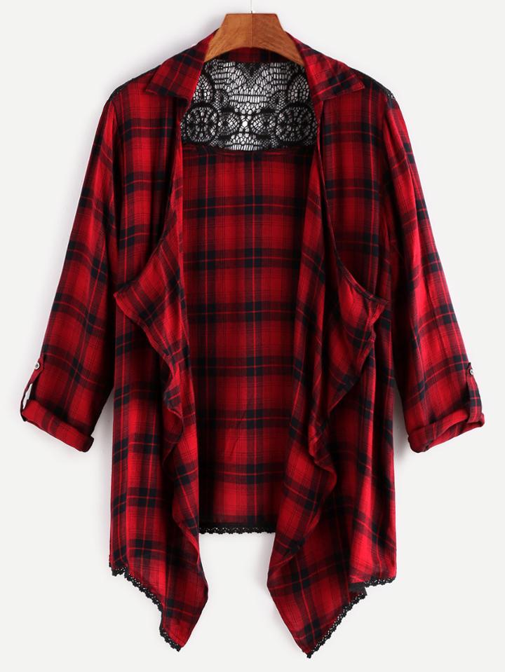 Shein Tartan Plaid Contrast Lace Knotted Hem Blouse