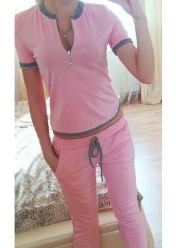 Rosewe Zipper Neck T Shirt And Pink Pants Set