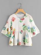 Shein Frill Trim Bell Sleeve Florals Smock Blouse
