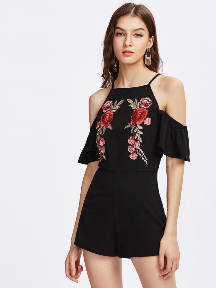 Shein Embroidered Flower Applique Ruffle Sleeve Romper