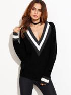 Shein Striped Deep V Neck And Cuff Sweater