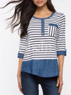 Shein White Blue Striped Dip Hem Pocket T-shirt