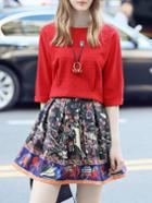 Shein Red Sweater Top With Print Skirt
