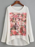 Shein White Flower Print High Low T-shirt