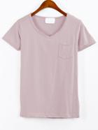 Shein Plain V-neck Pocket T-shirt - Pink